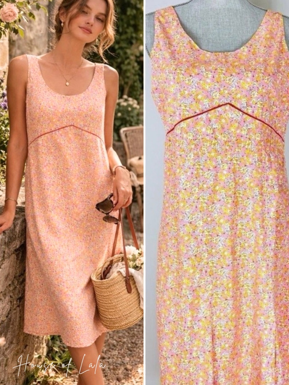 Vintage Pink Orange Floral Dress Handmade.Feminine Summer Romantic Poetcore